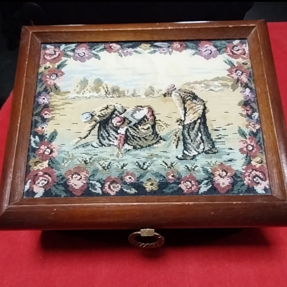 Vintage Dark Wood MCM Jewelry Dresser Box Tapestry Top Yellow Velvet Lined Tray